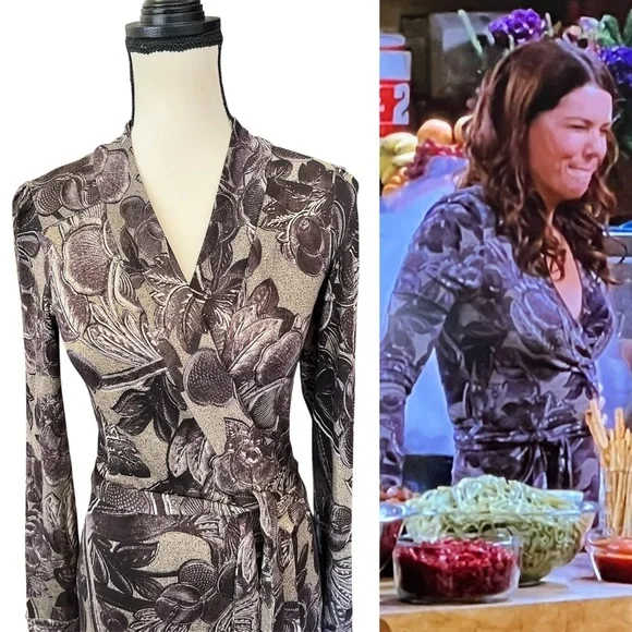 Vintage Silk Floral Designer Wrap Dress ASO Lorelai Gilmore Girls - Picture 12 of 12
